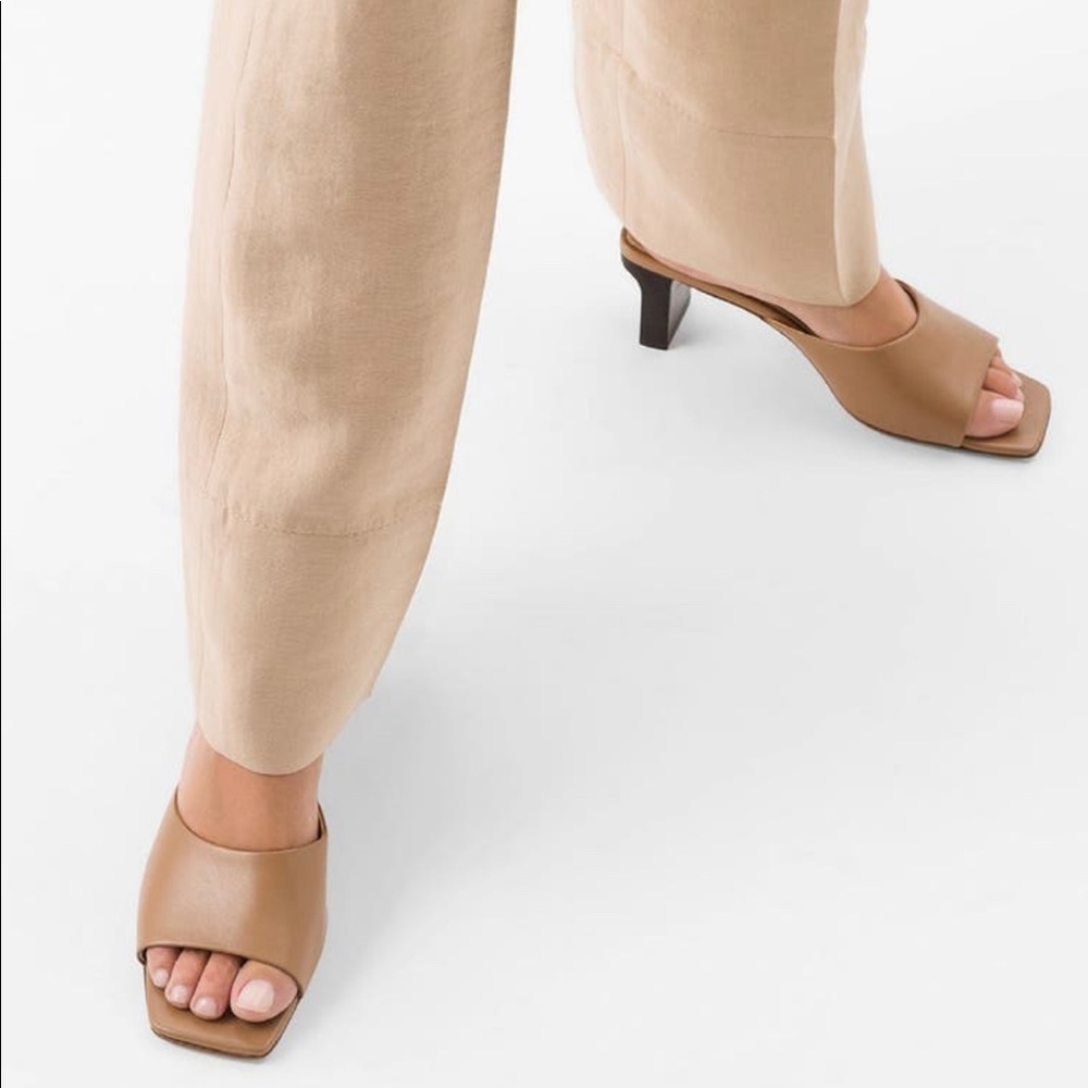 Aeyde Tan Open-Toe Square Mule Heels